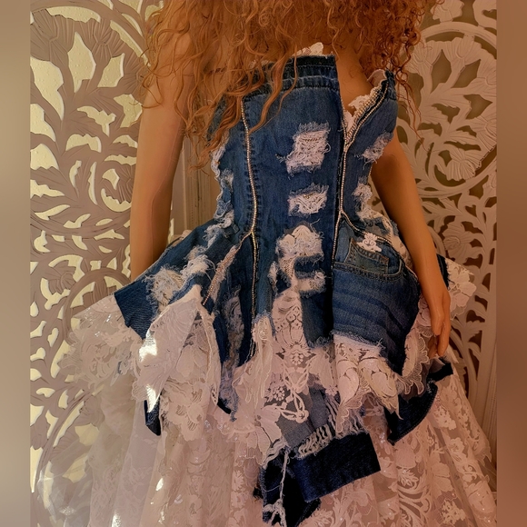 The "MOREA" Denim, Crystal & Lace Rustic Wedding Ballgown Set & Matching Boots - Picture 9 of 11
